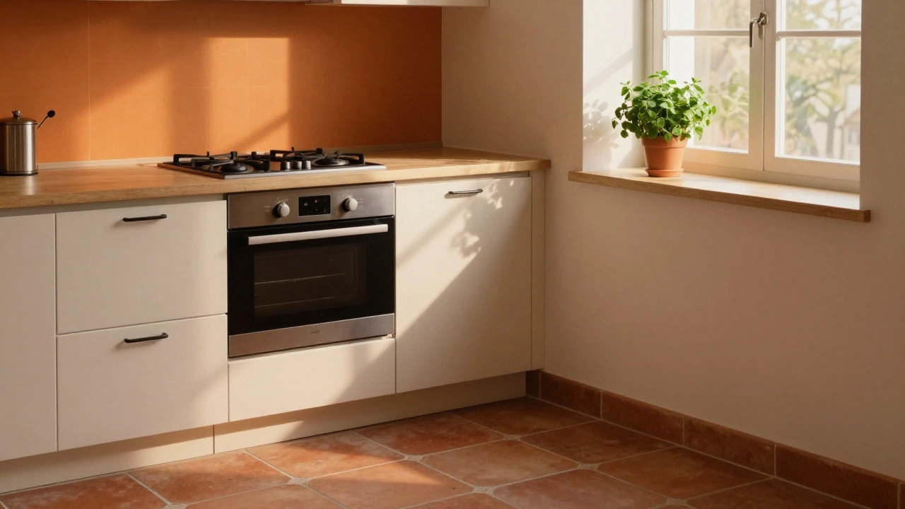 Маленькая кухня с терракотовым полом, оранжевым акцентом на стене и зелёным растением.