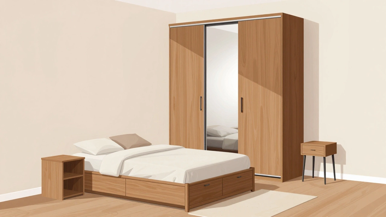 Маленькая спальня с многофункциональной мебелью: кровать с ящиками, шкаф-купе, пуф и зеркало в дверях.