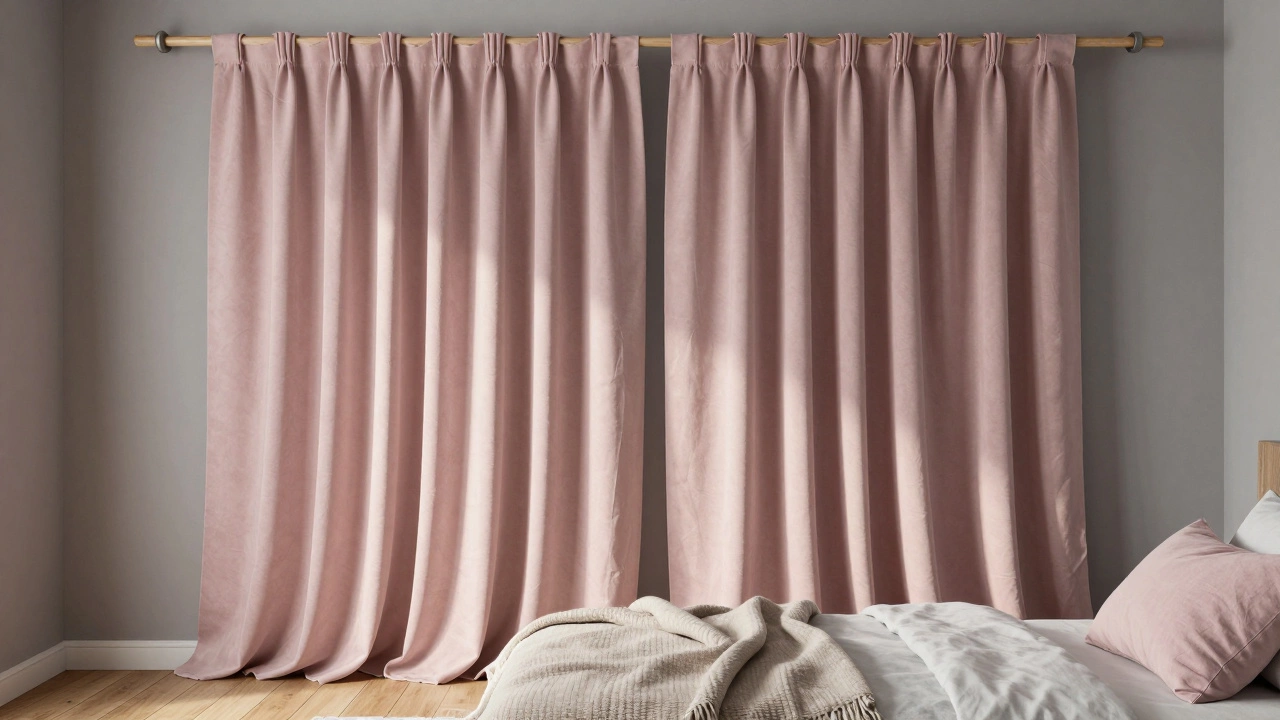 Матовые пепельно-розовые шторы в спальне с деревянным полом и нейтральной палитрой, создающие атмосферу спокойствия.