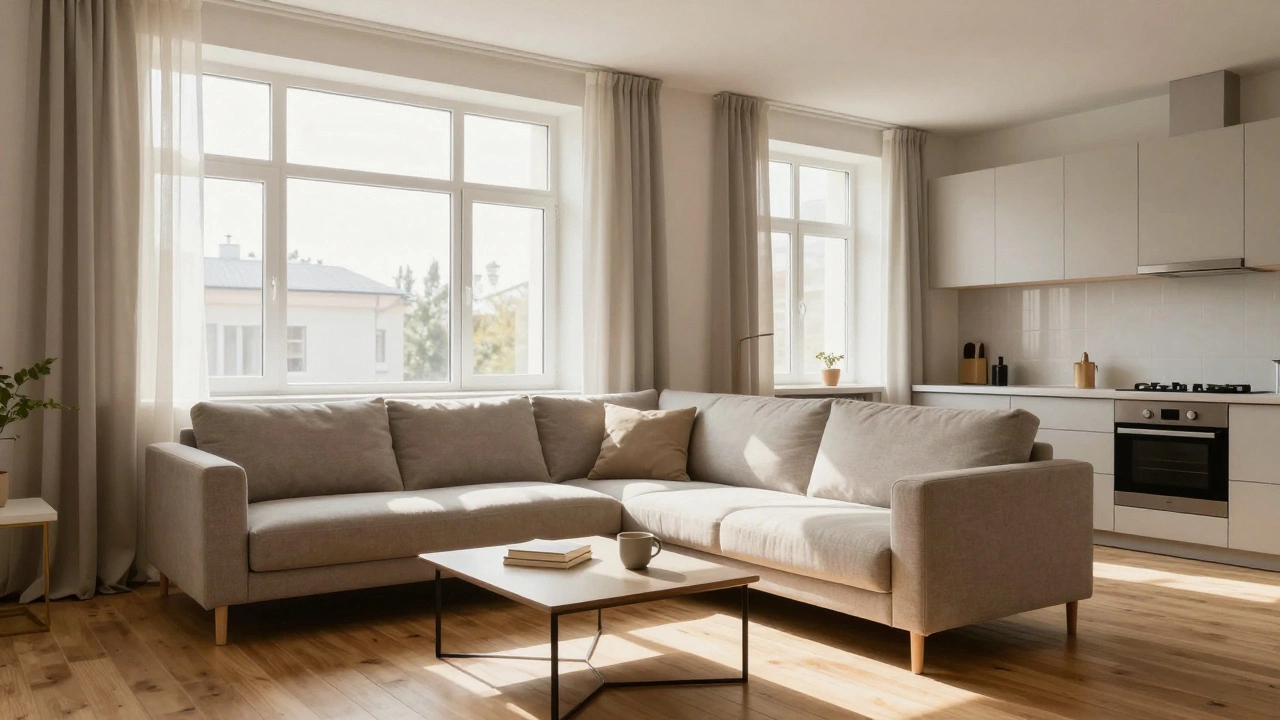 Низкий угловой диван разделяет зону отдыха и кухню в студии, солнечный свет за окном, легкие шторы.