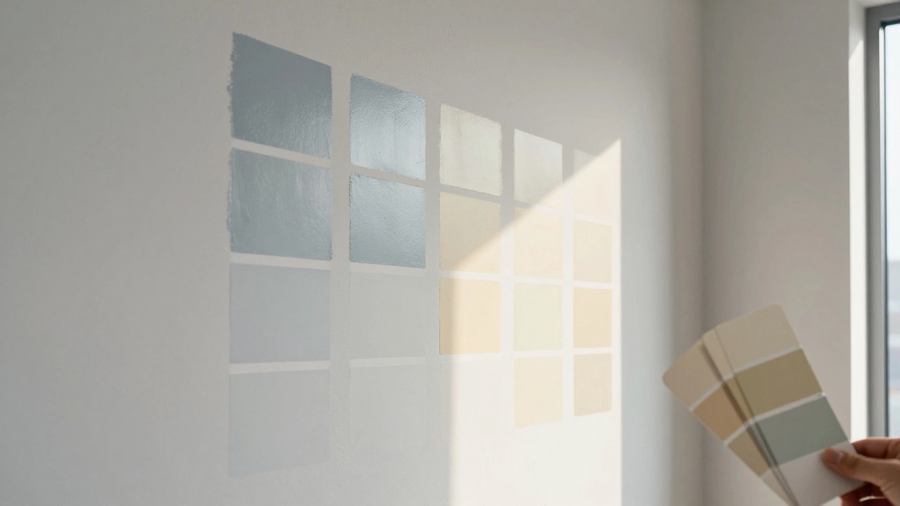 Образцы краски на стене спальни для сравнения оттенков при разном свете