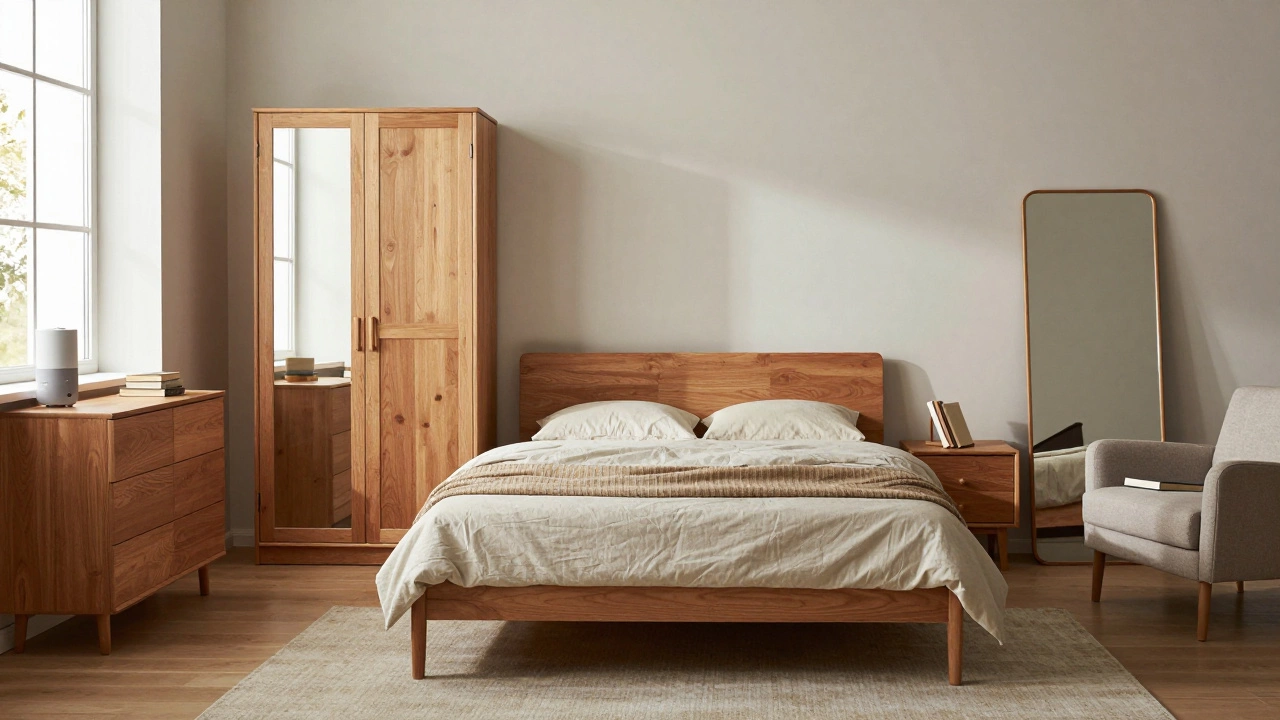 Оптимальная расстановка мебели в спальне: кровать, тумбочки, шкаф, комод и кресло без лишнего декора.