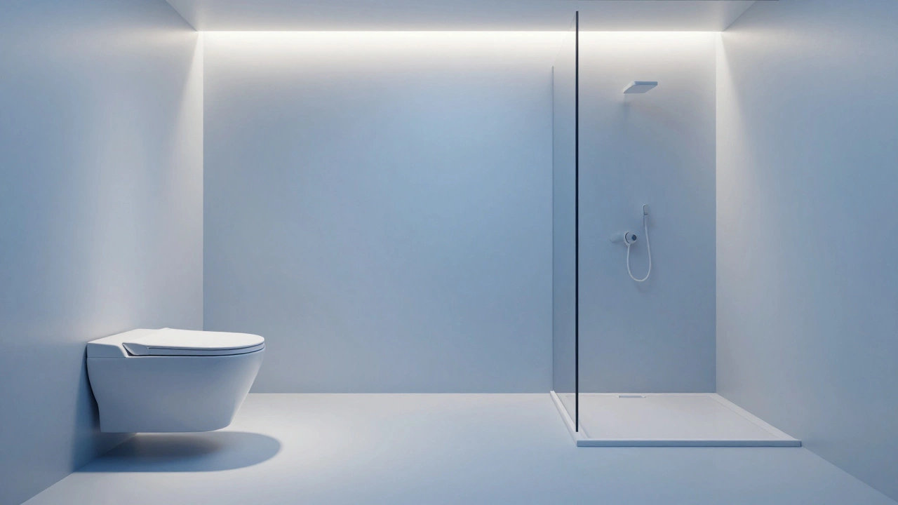 Современная ванная с подвесным унитазом и душевым поддоном.