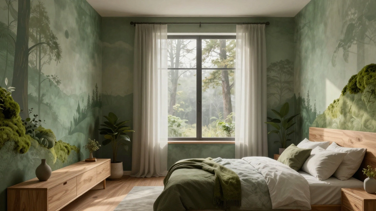 Спальня в стиле биофилии с зелеными оттенками и видом на деревья