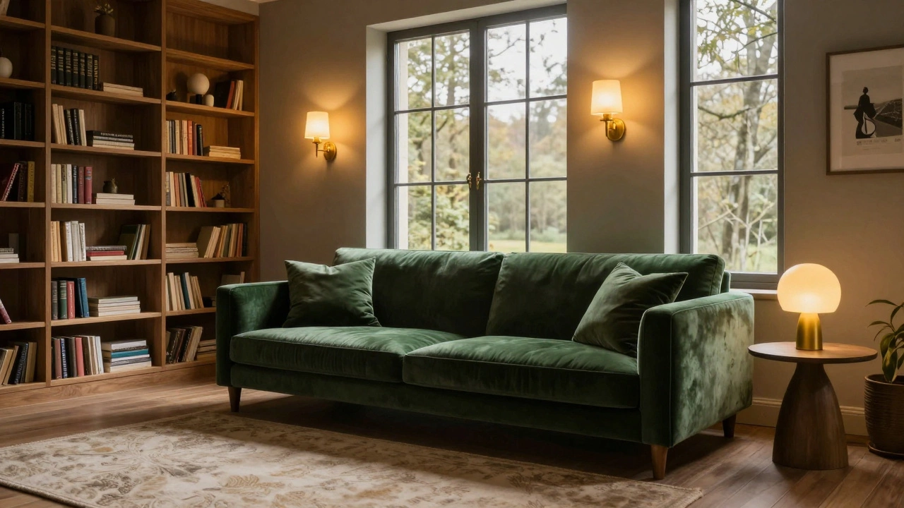 Темно-зеленый бархатный диван в просторной комнате с деревянными полками и золотыми лампами.