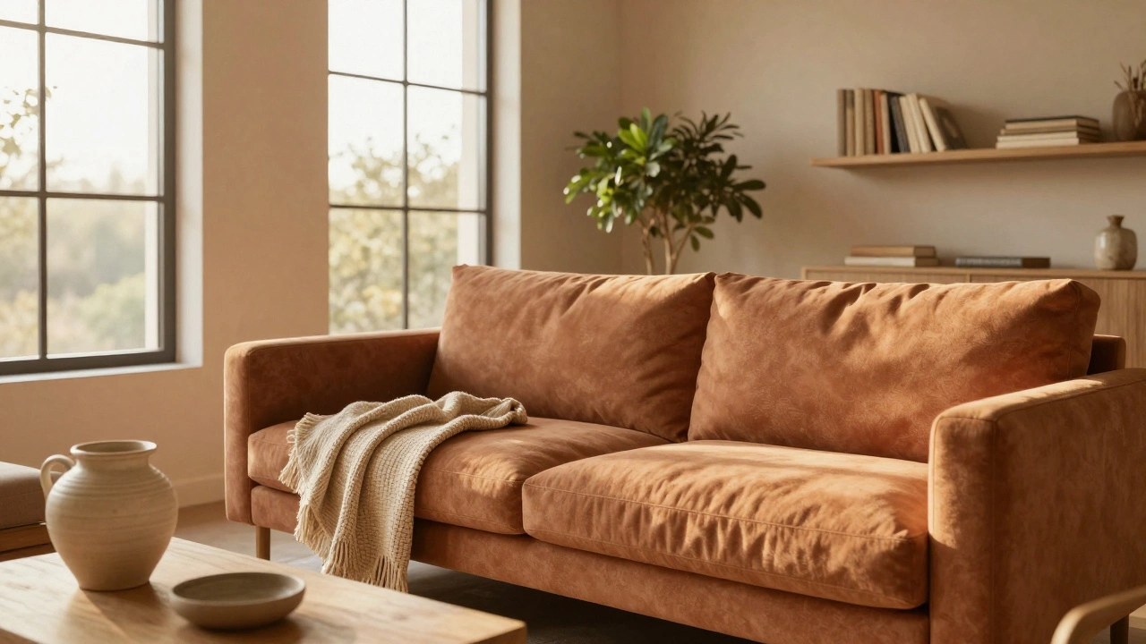 Терракотовый диван в уютной гостиной с бежевыми стенами и теплым солнечным светом.