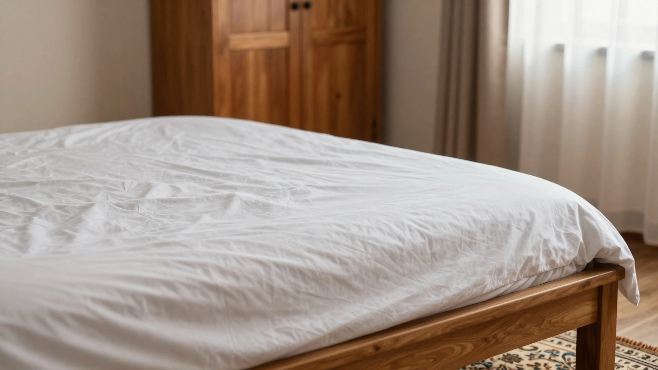 Уютная спальня с закрытыми шкафами, округлой мебелью и плотным постельным бельем, без зеркал и техники.