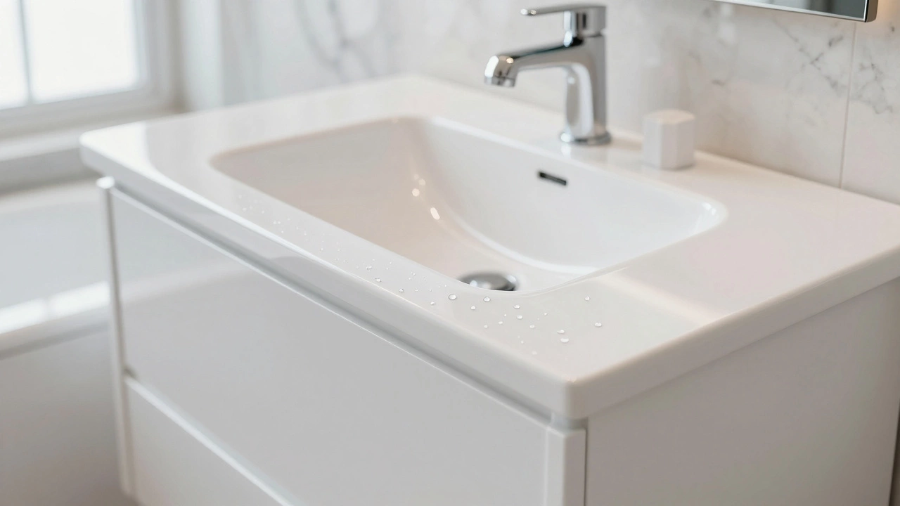 Белая глянцевая тумба из МДФ в современном светлом интерьере ванной комнаты