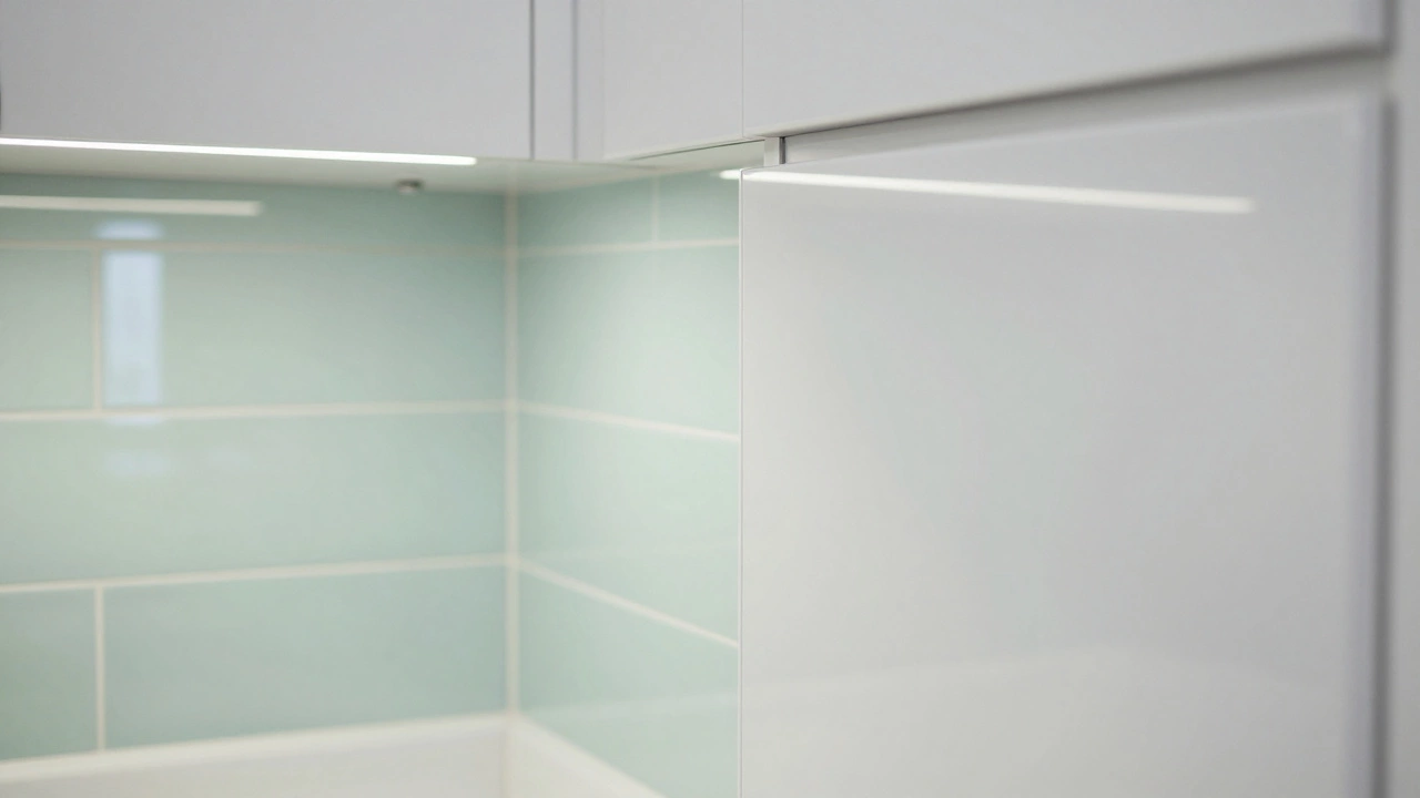 Белые глянцевые фасады кухни с отражениями и подсветкой рабочей зоны