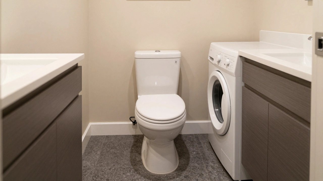 Эргономичный санузел с соблюдением зазоров между унитазом, стиральной машиной и раковиной