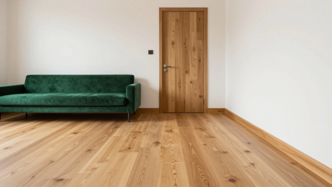 Интерьер с согласованным цветом пола, дверей и плинтусов из дуба с изумрудным диваном