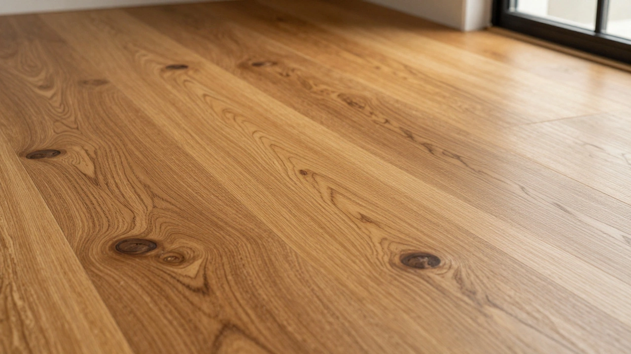 Крупный план текстуры натурального дубового ламината с выраженными сучками и матовым финишем
