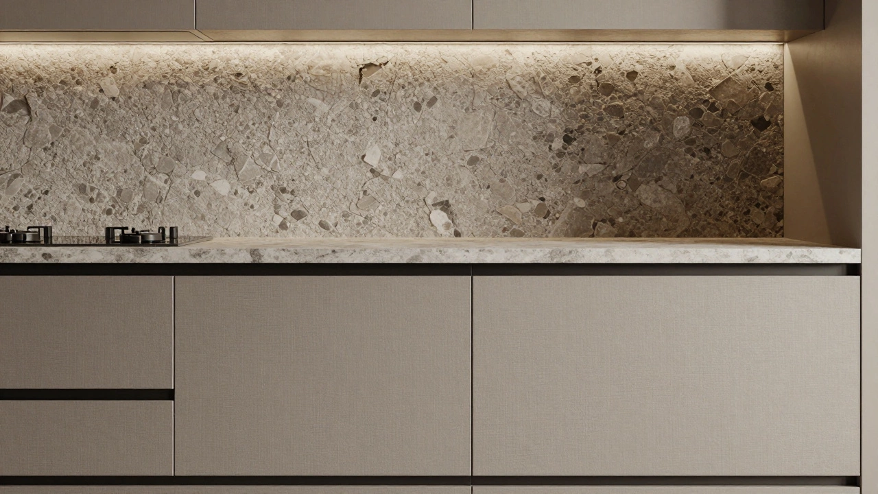 Кухня в стиле тихой роскоши с мебелью цвета греж и матовыми черными ручками