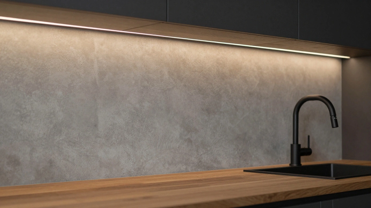 Кухонная рабочая зона с отделкой из микроцемента и деревянной столешницей