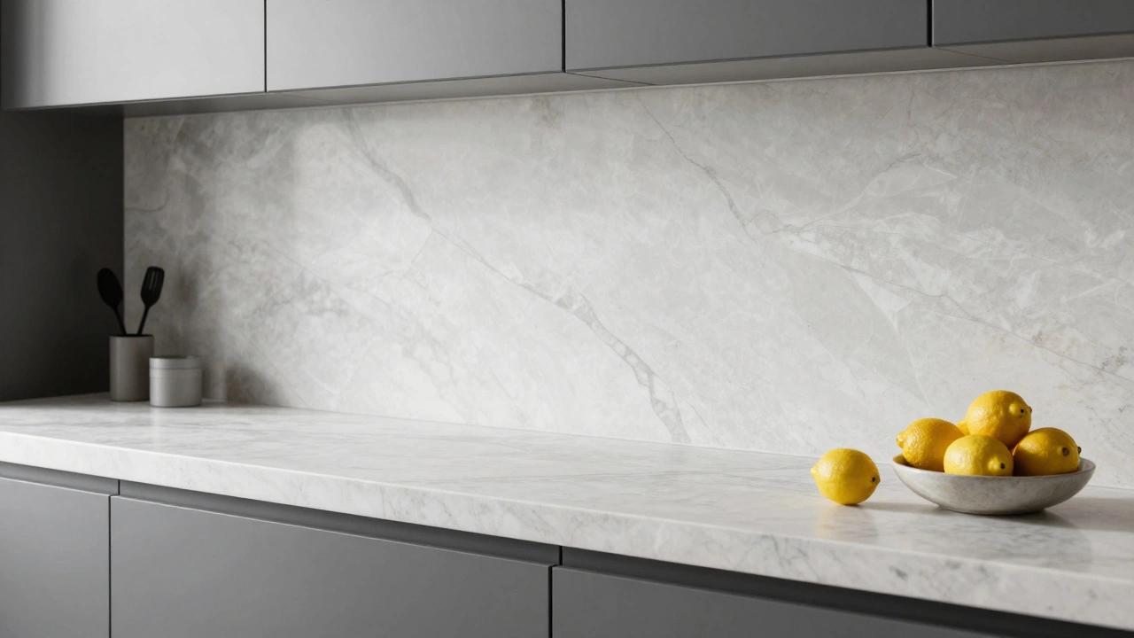 Монолитный фартук и столешница из белого кварцевого агломерата без швов