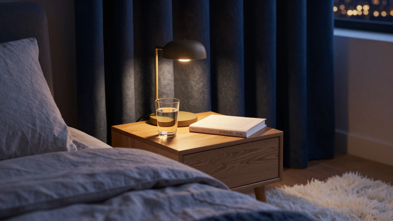 Прикроватная тумба с теплой лампой и плотными шторами блэкаут