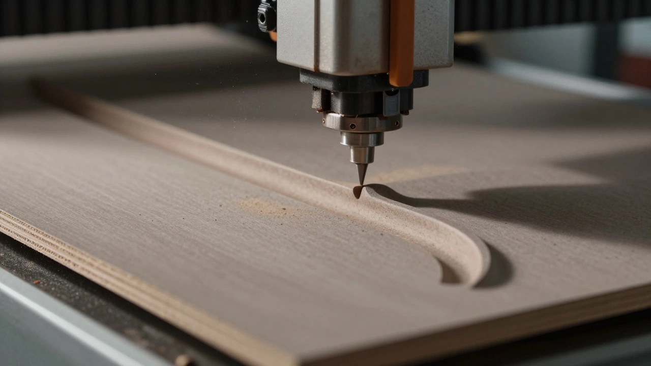 Процесс фрезеровки декоративного узора на плотной плите МДФ крупным планом