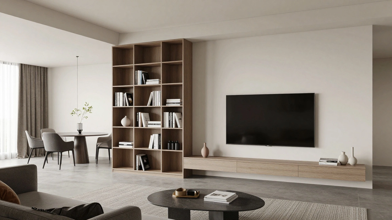 Современная гостиная с подвесной ТВ-тумбой и стеллажом для зонирования