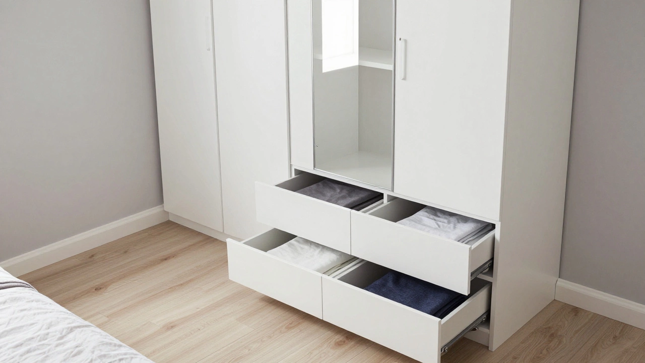 Современный встроенный шкаф до потолка и минималистичный комод в светлом интерьере