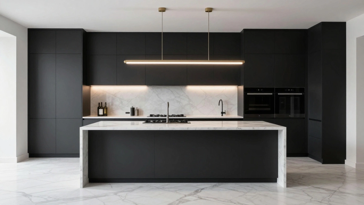 Стильная темная кухня с графитовыми фасадами и светлым мраморным полом