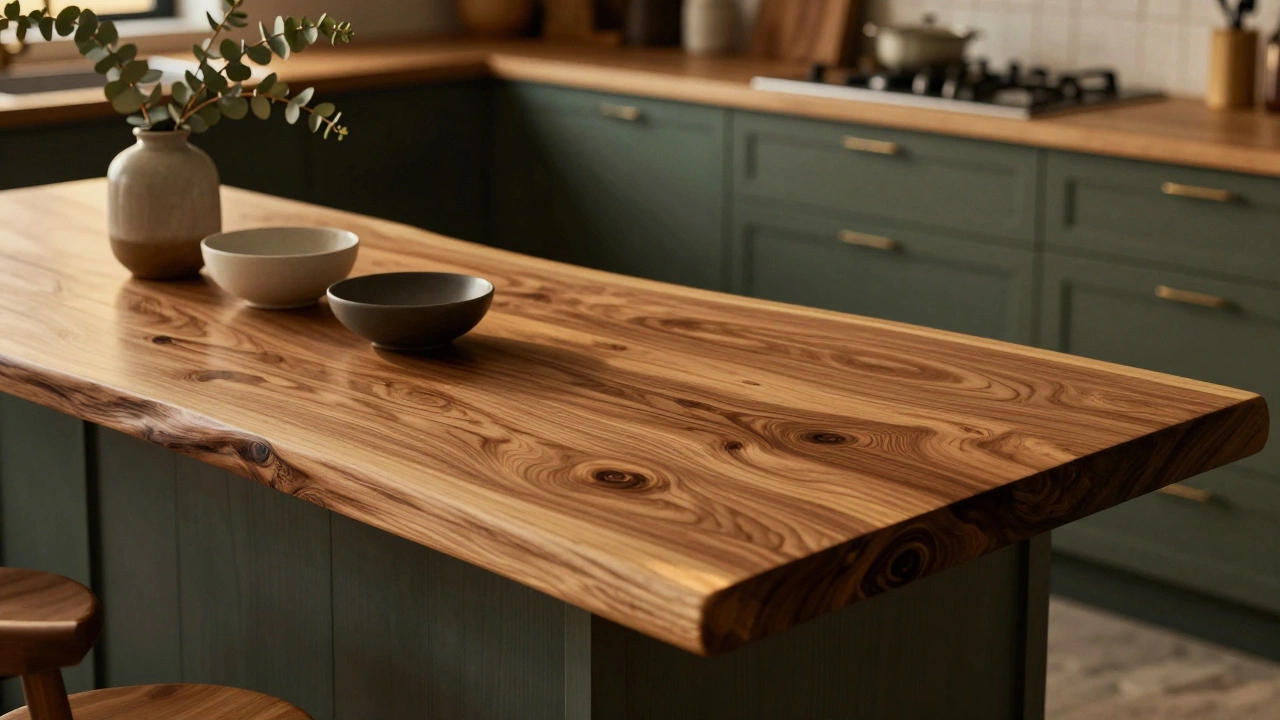 Столешница из массива дуба с живым краем и матовым покрытием в уютном интерьере