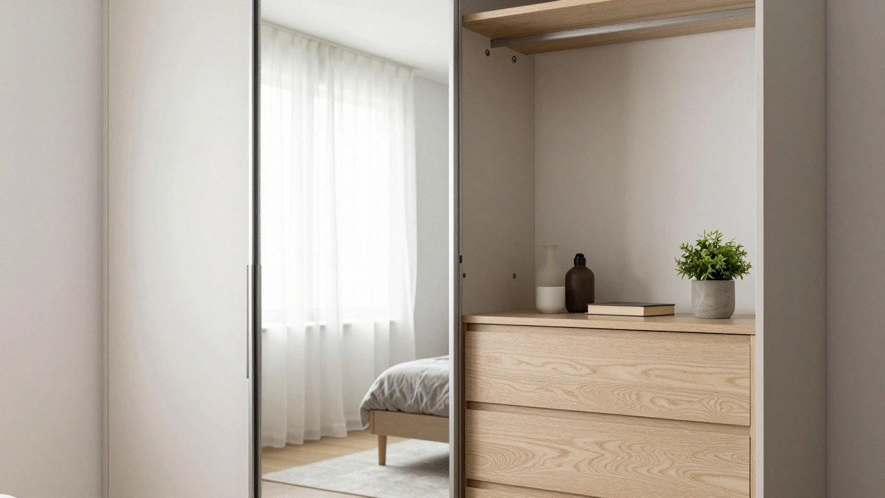 Светлый шкаф-купе с зеркалом и минималистичный комод в интерьере