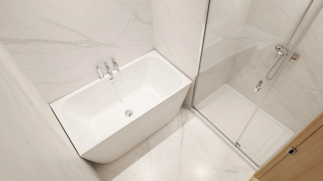 Угловая ванна в современном интерьере маленького санузла