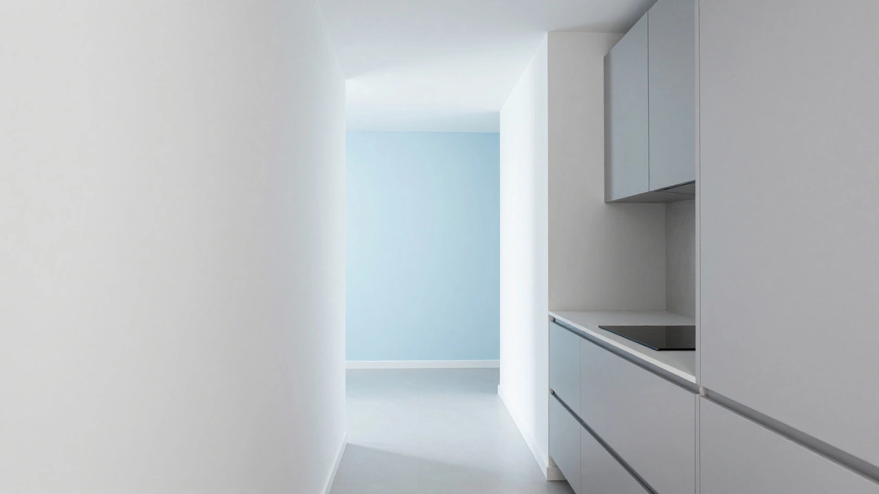 Узкая кухня со светло-голубой акцентной стеной и серой мебелью для визуального расширения