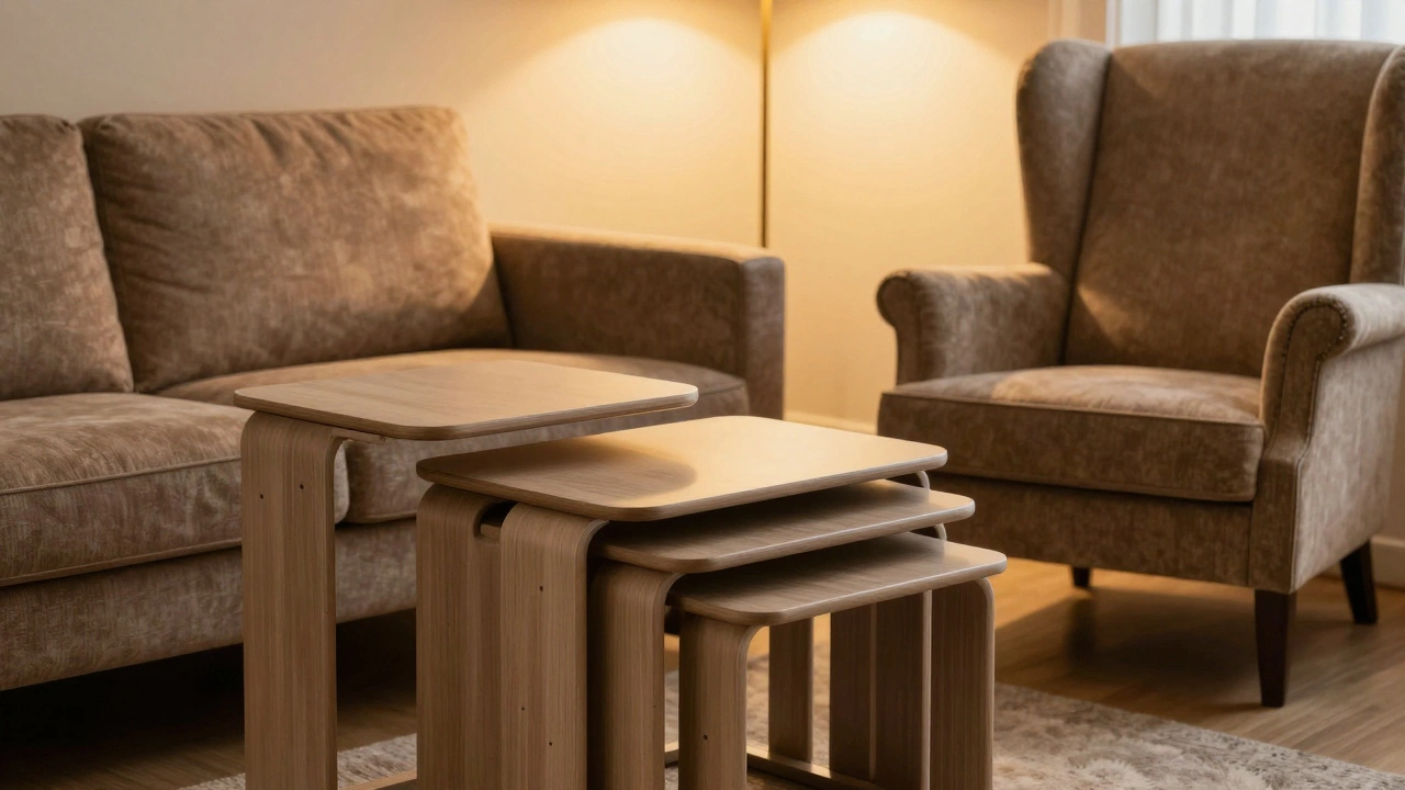 Зона отдыха с модульными столиками-матрешками и глубоким уютным креслом