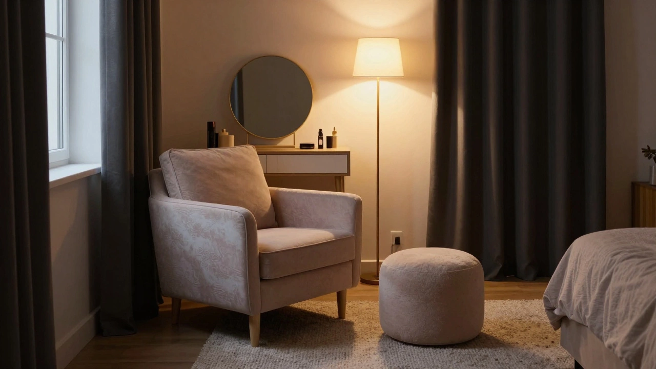 Зона отдыха в спальне с мягким креслом, пуфом и туалетным столиком при теплом освещении