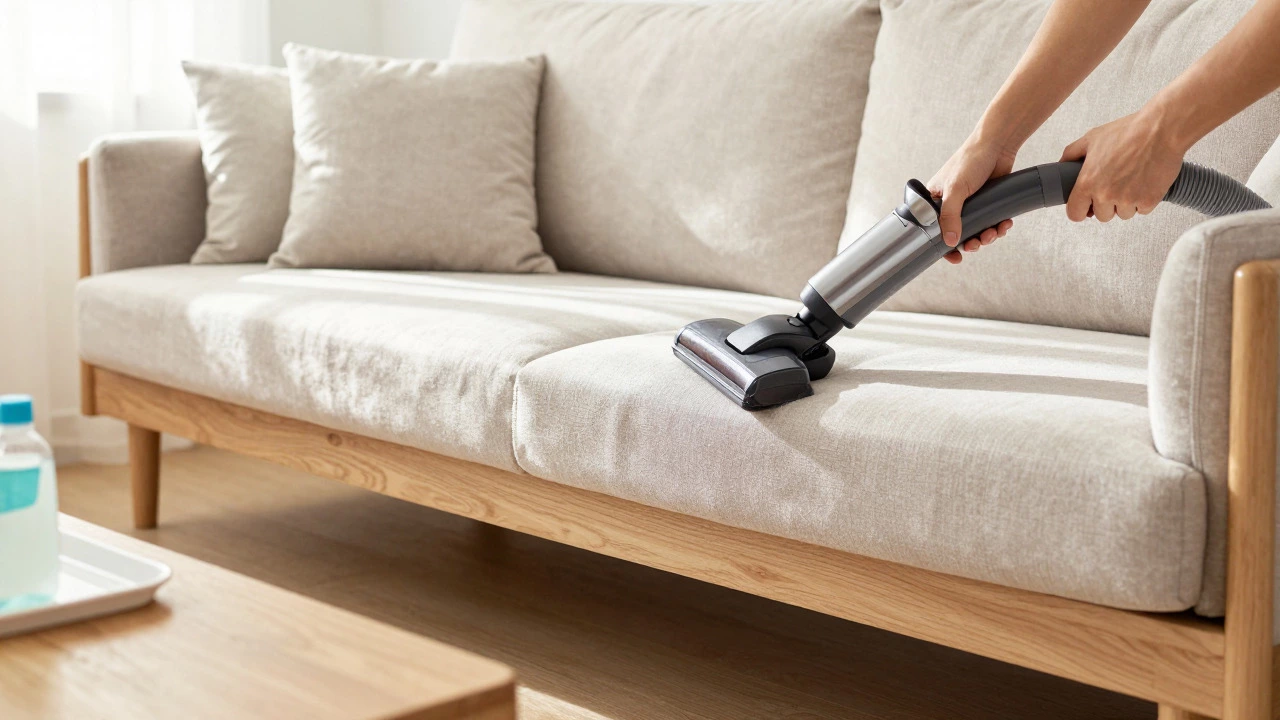 Person vacuuming a sofa in a sunlit living room