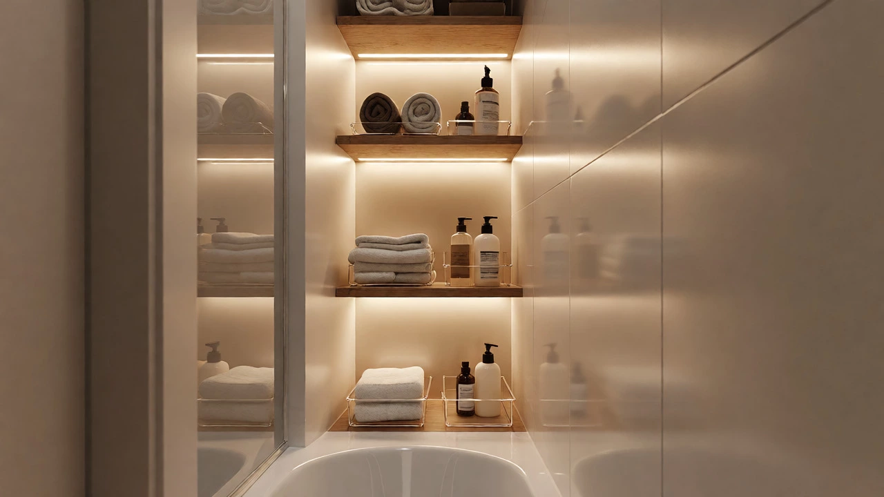 Узкая вертикальная полка в углу ванной комнаты
